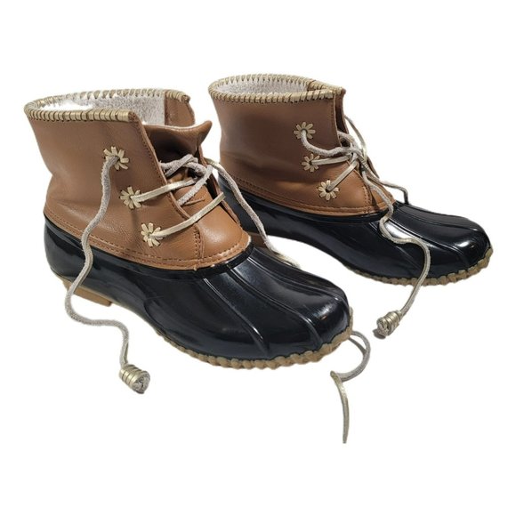 Jack Roger's  Chloe Size 9 Duck Boot Black Brown Gold Laced Fleece lined Rubber - Picture 7 of 7